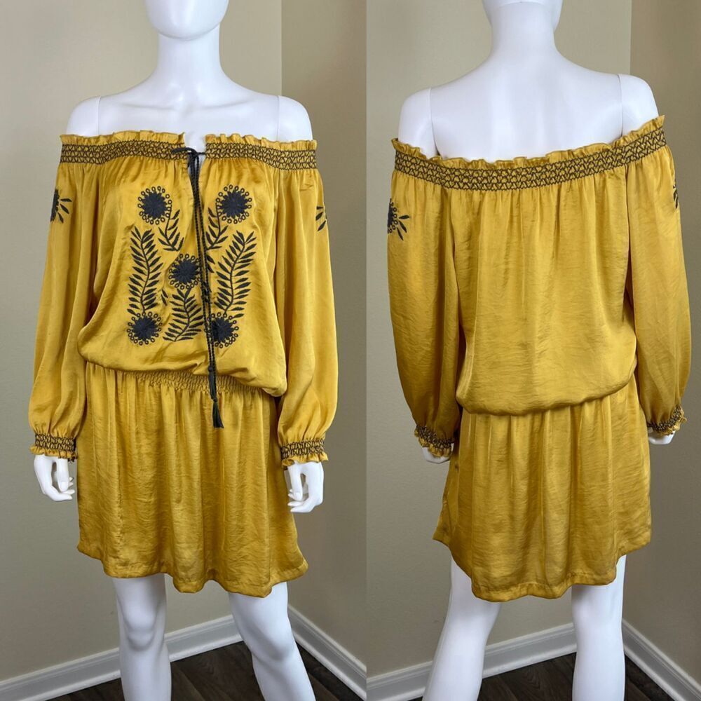 Uncle Frank Women's Size M Yellow Embroidered Satin Pullover Mini Dress Boho
